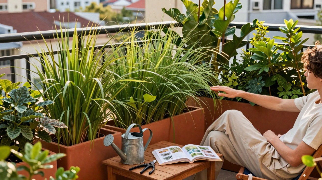 Jovem sentado em sacada com diversas plantas, regador, tesoura de poda e livro aberto em mesa de madeira.