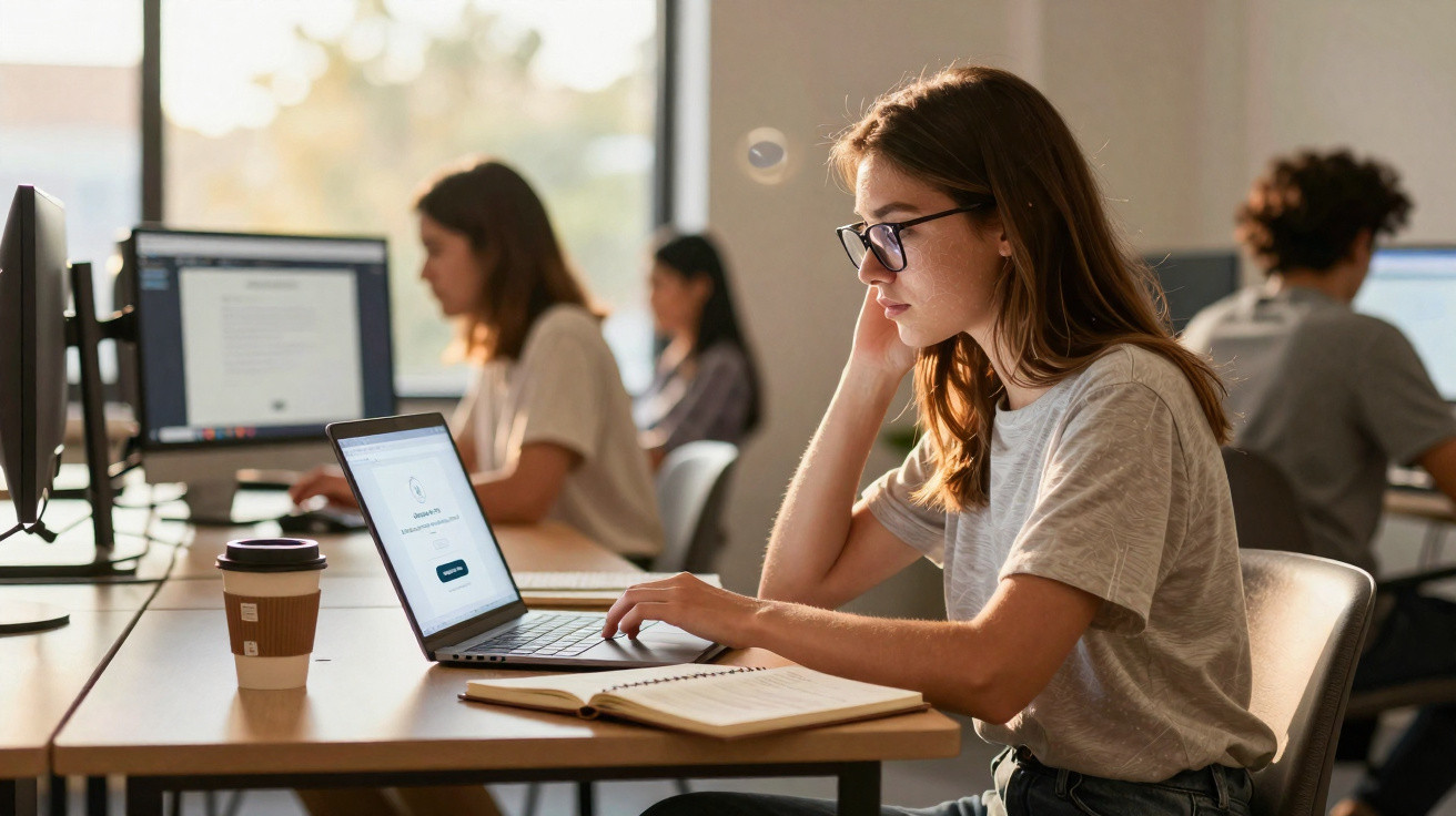 Jovem mulher usando óculos trabalha concentrada em notebook em sala com outras pessoas ao fundo.