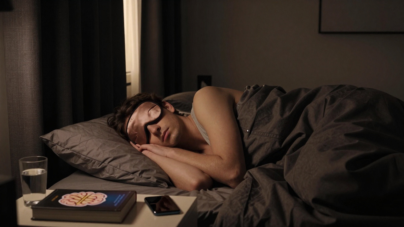 Homem dormindo com máscara de olhos numa cama com cobertor, ao lado mesa com copo d'água, livro e celular.