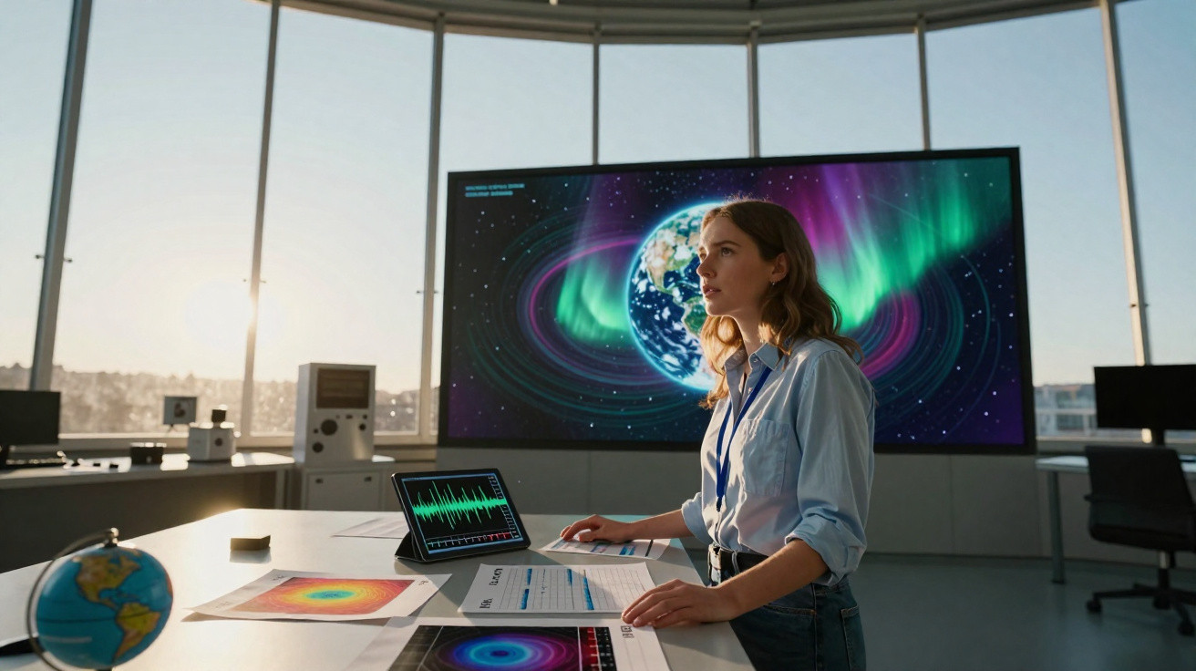 Mulher em laboratório observando dados científicos com imagem da Terra e aurora boreal ao fundo.