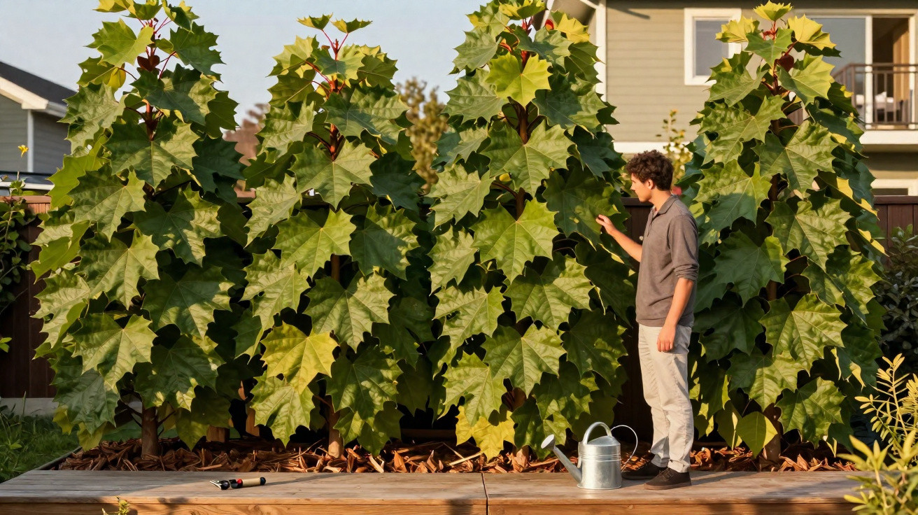 Homem observa plantas altas com folhas grandes em um jardim residencial ao entardecer.