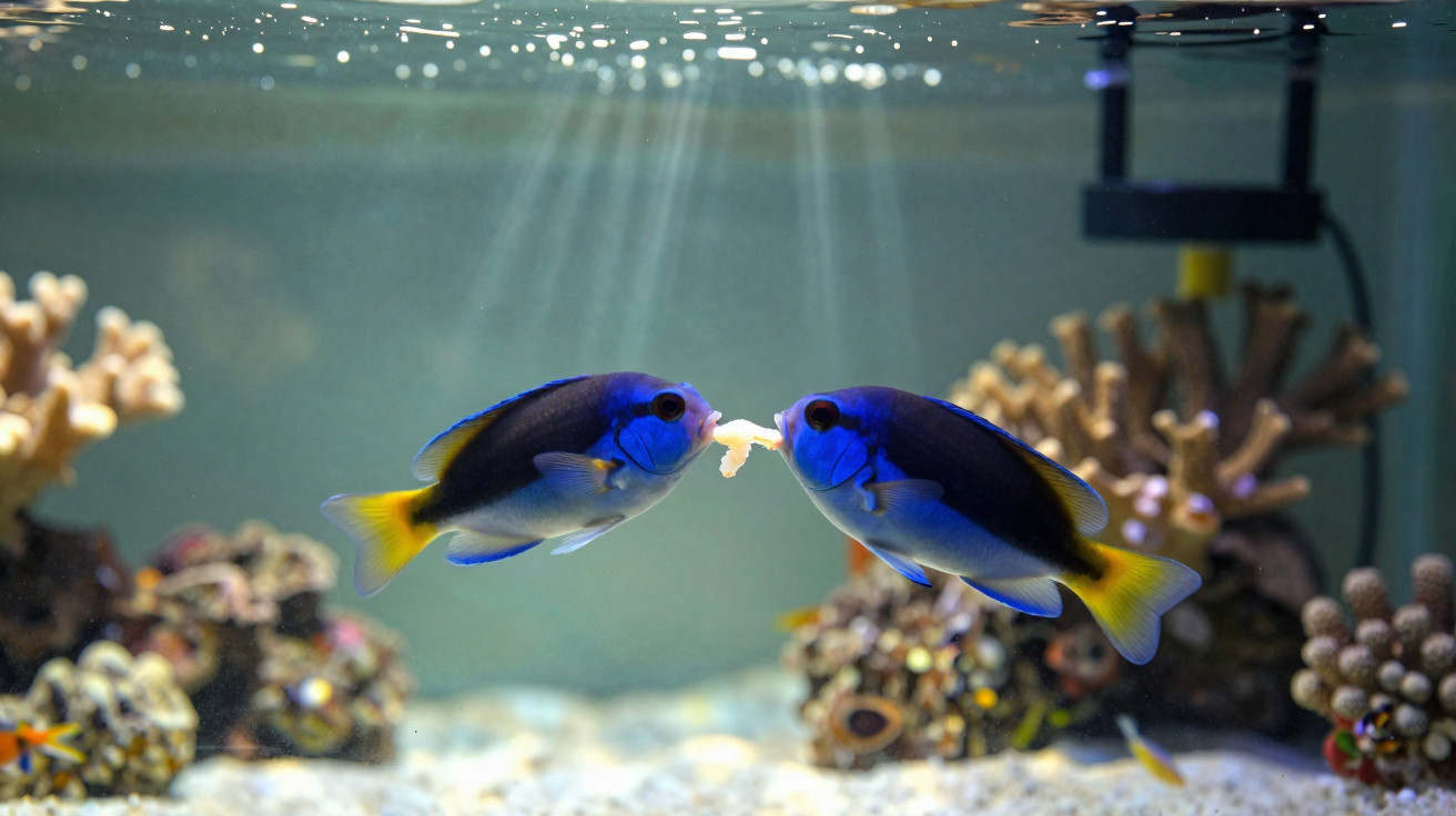 Dois peixes tropicais azuis e pretos se alimentando em aquário com corais e luz solar filtrada.