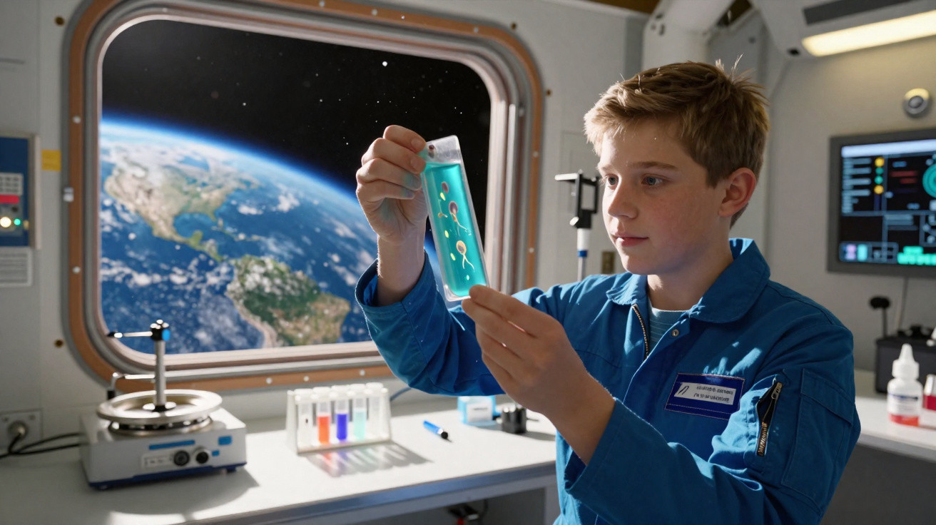 Criança em uniforme azul observa experimento químico em laboratório com vista da Terra no espaço.
