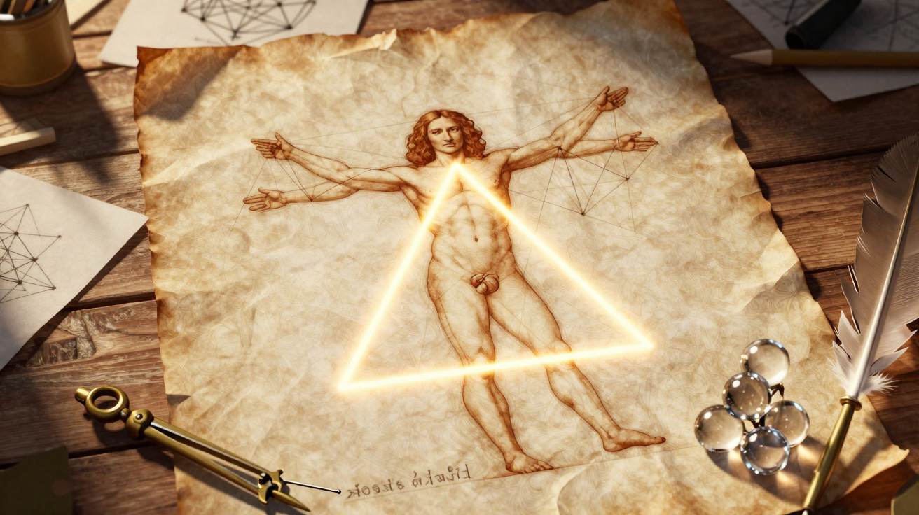 Desenho do Homem Vitruviano de Da Vinci em um papel antigo com triângulo luminoso e instrumentos sobre mesa de madeira.