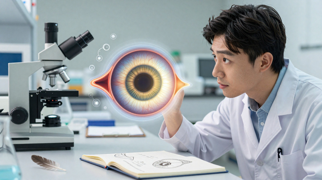 Cientista em jaleco analisando imagem holográfica de um olho ao lado de microscópio e caderno com desenho.