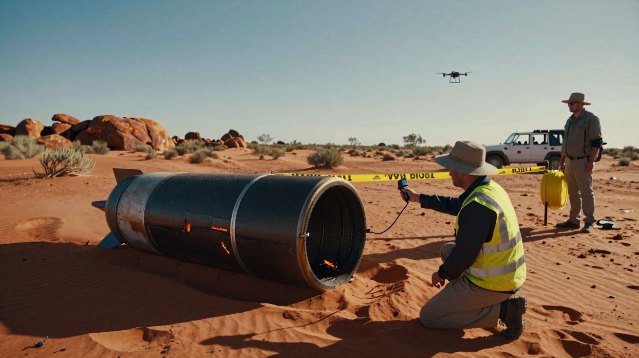 Dois homens em deserto isolam e inspecionam objeto cilíndrico caído, com drone e veículo ao fundo.