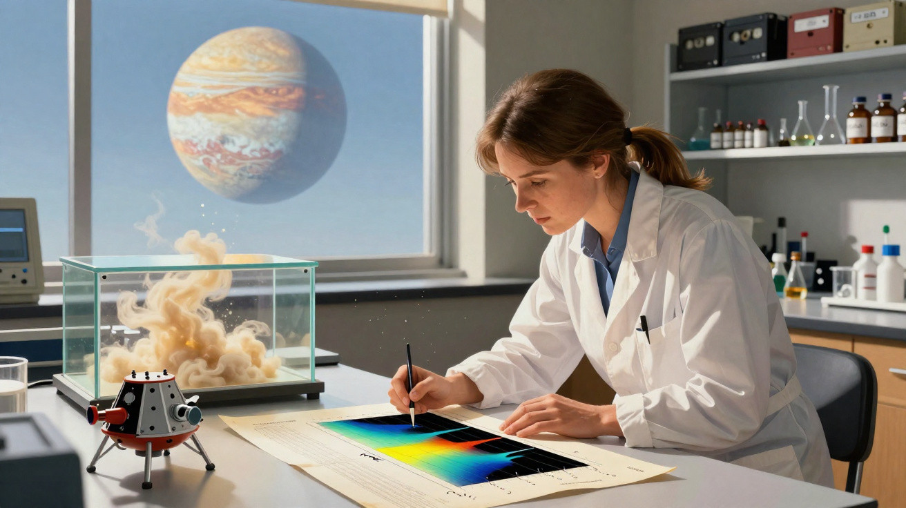 Mulher cientista analisa dados coloridos em laboratório com modelo de planeta e simulador de nuvem ao fundo.