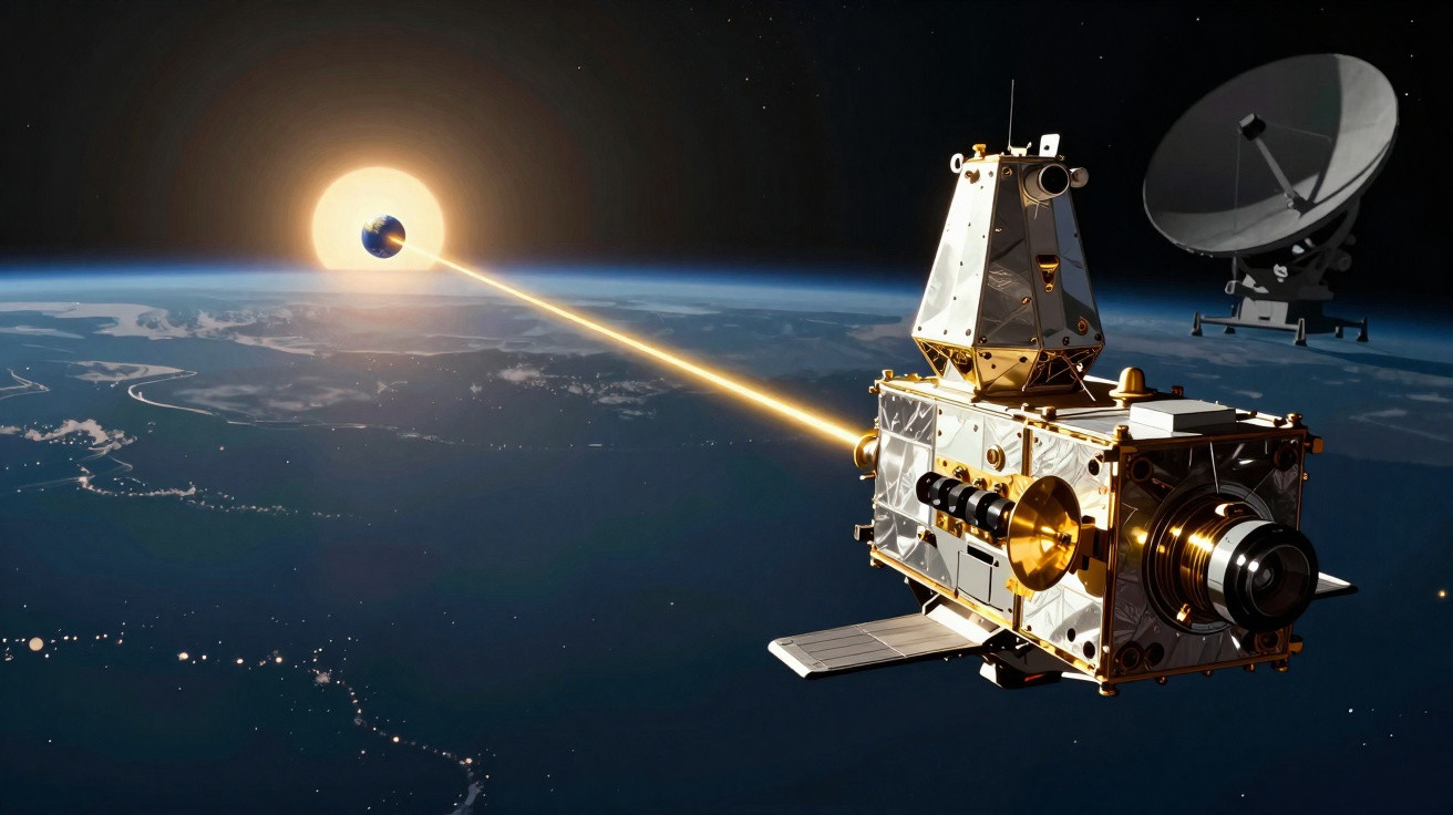 Satélite em órbita terrestre transmitindo sinal via laser com antena parabólica ao fundo no espaço.