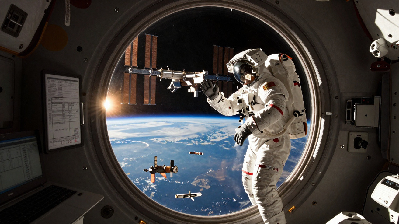 Astronauta em traje espacial flutuando fora da estação espacial com a Terra ao fundo vista por uma janela circular.