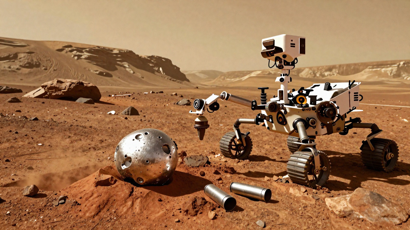 Rover explorador investigando esfera metálica em terreno acidentado e árido semelhante a Marte.