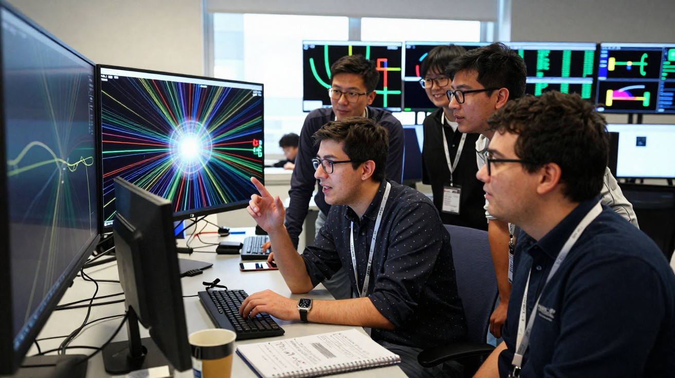 Grupo de cinco jovens analisando dados coloridos em múltiplos monitores em ambiente de trabalho tecnológico.