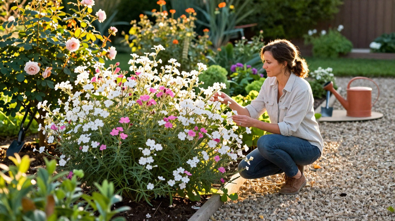 Mulher cuidando de flores brancas e rosas em jardim ensolarado com regador ao fundo.