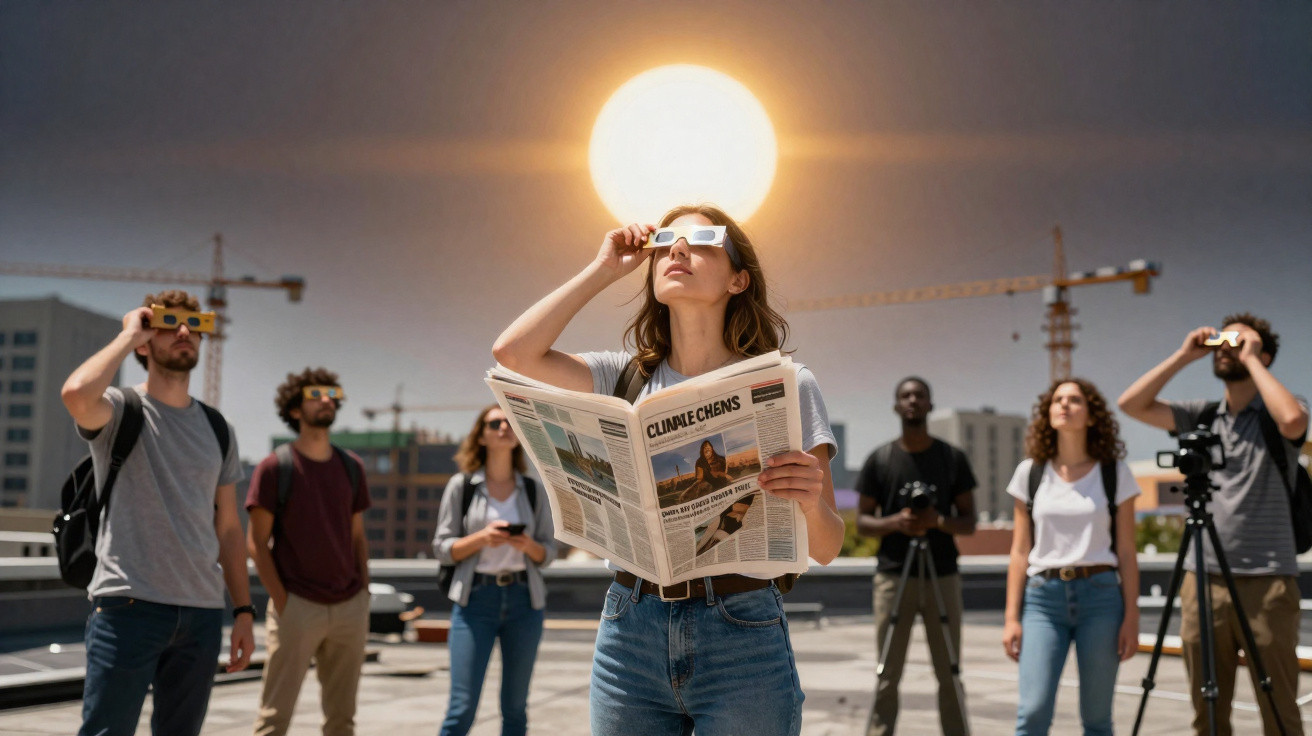 Grupo de pessoas com óculos especiais observando o eclipse solar em área urbana durante o dia.