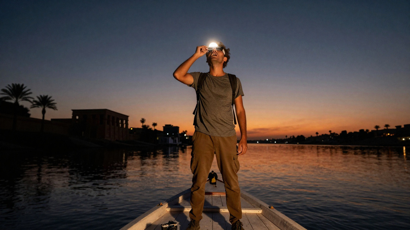 Homem em barco à noite usando boné com lanterna portátil em rio ao pôr do sol.