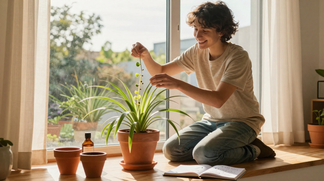 Jovem sorridente cuidando de planta em vaso ao lado de janela com caderno aberto ao lado.