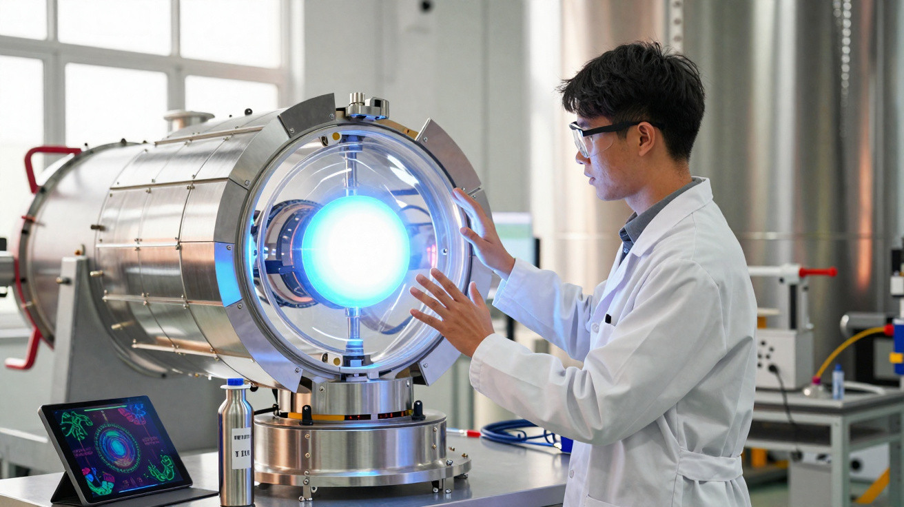 Cientista em jaleco interage com equipamento futurista de laboratório com luz azul intensa no centro.