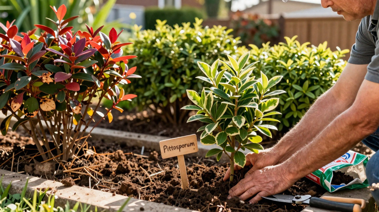 Pessoa plantando muda de Pittosporum em canteiro com outras plantas e ferramentas de jardim.