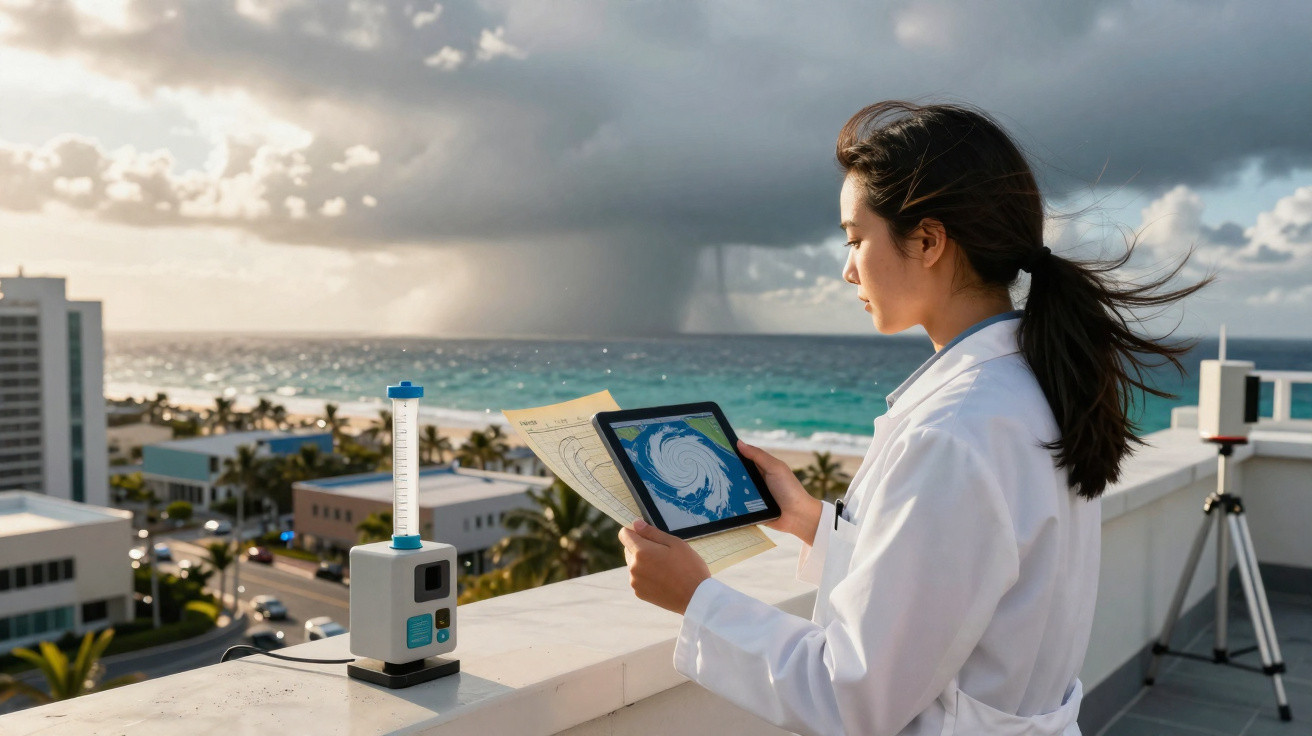 Mulher cientista em jaleco observa tablet com mapa de furacão à beira-mar em cidade costeira.