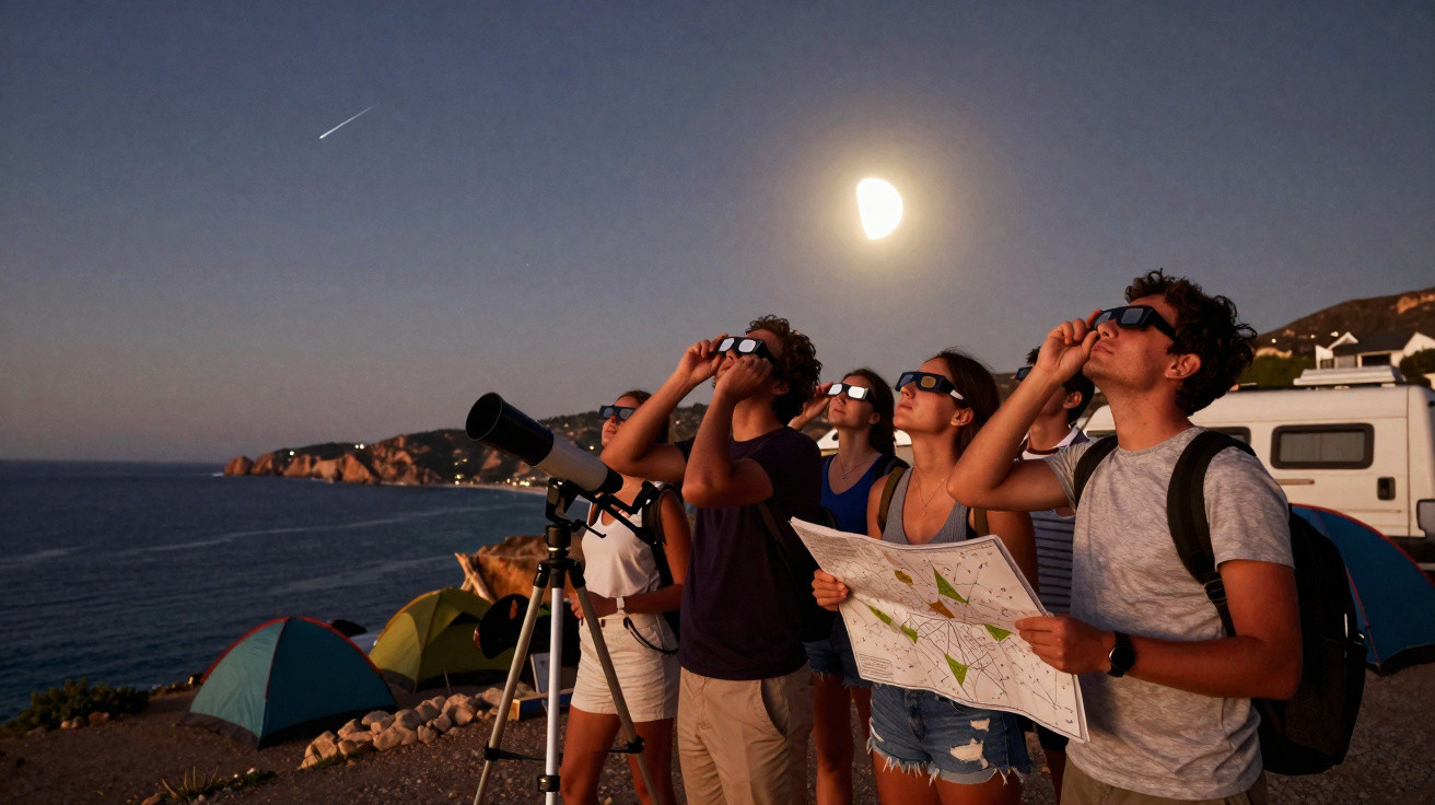 Grupo de jovens em acampamento olhando para eclipse lunar com óculos especiais na praia ao entardecer.