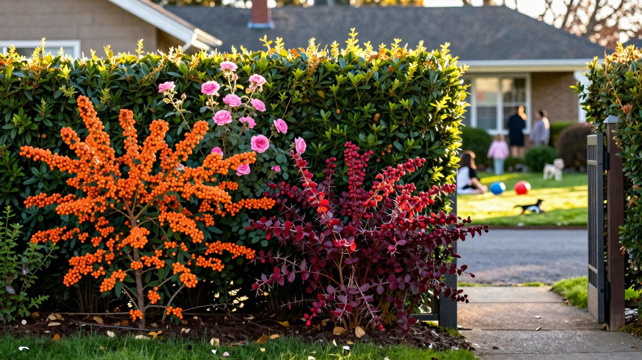 Jardim com plantas coloridas e família brincando no fundo em frente à casa.