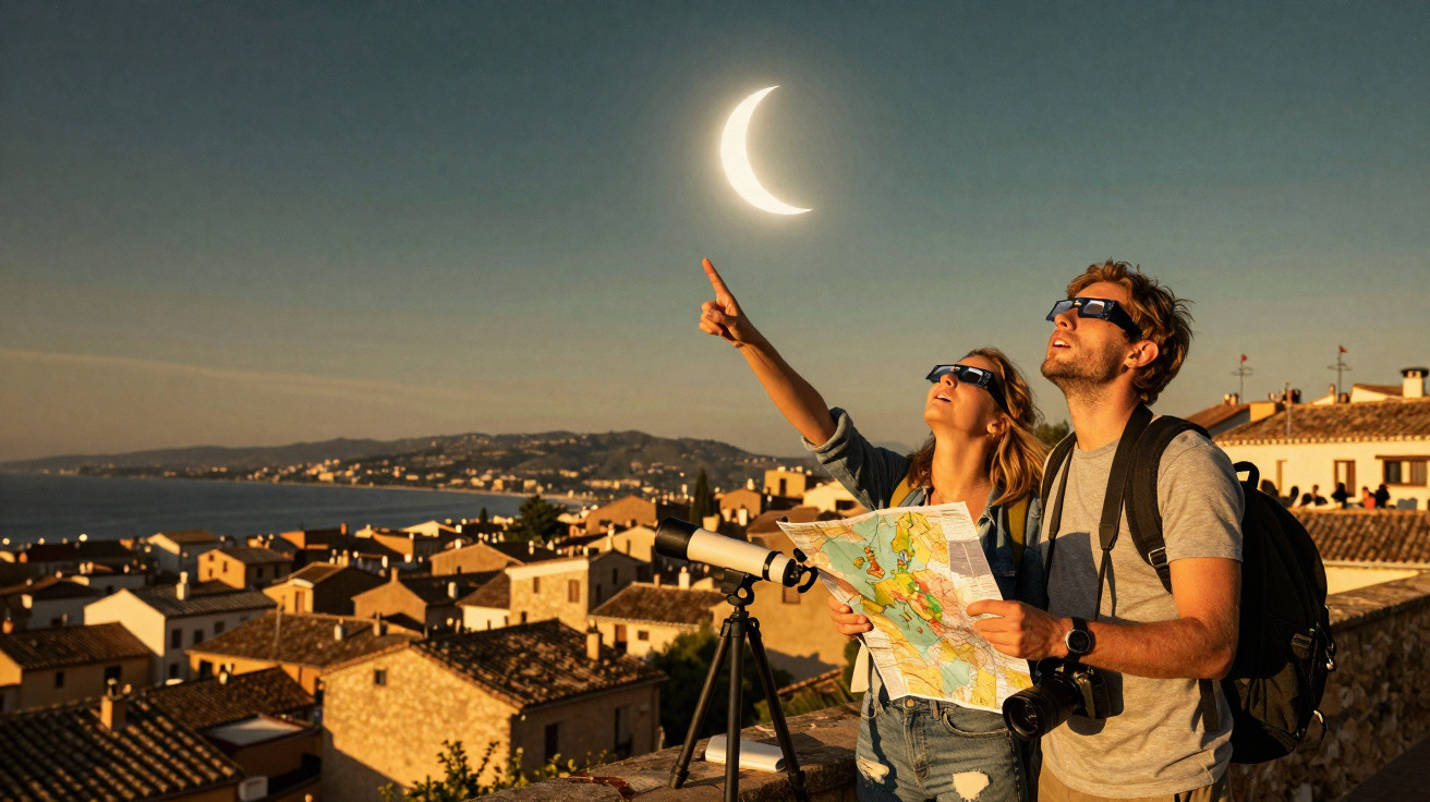 Casal com óculos de eclipse observa a lua crescente sobre cidade antiga ao entardecer.