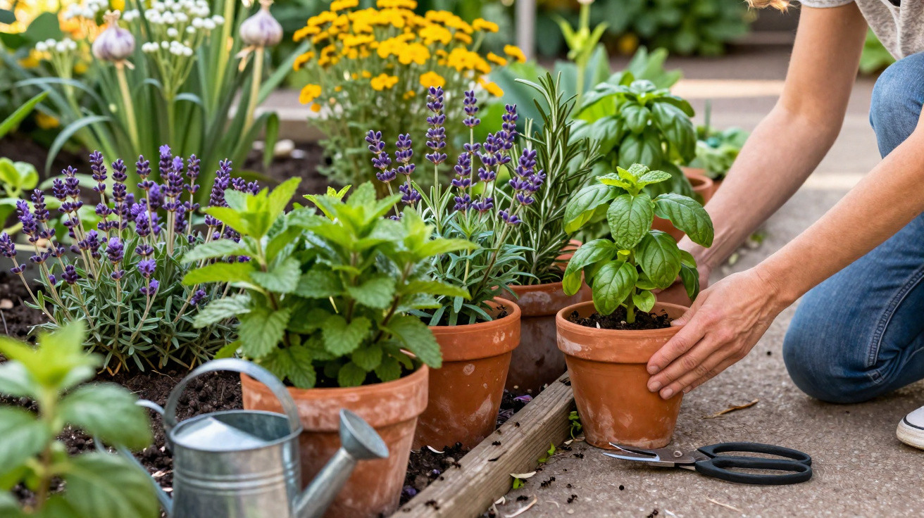 Pessoa cuidando de plantas em vasos com ervas aromáticas em jardim ao ar livre.