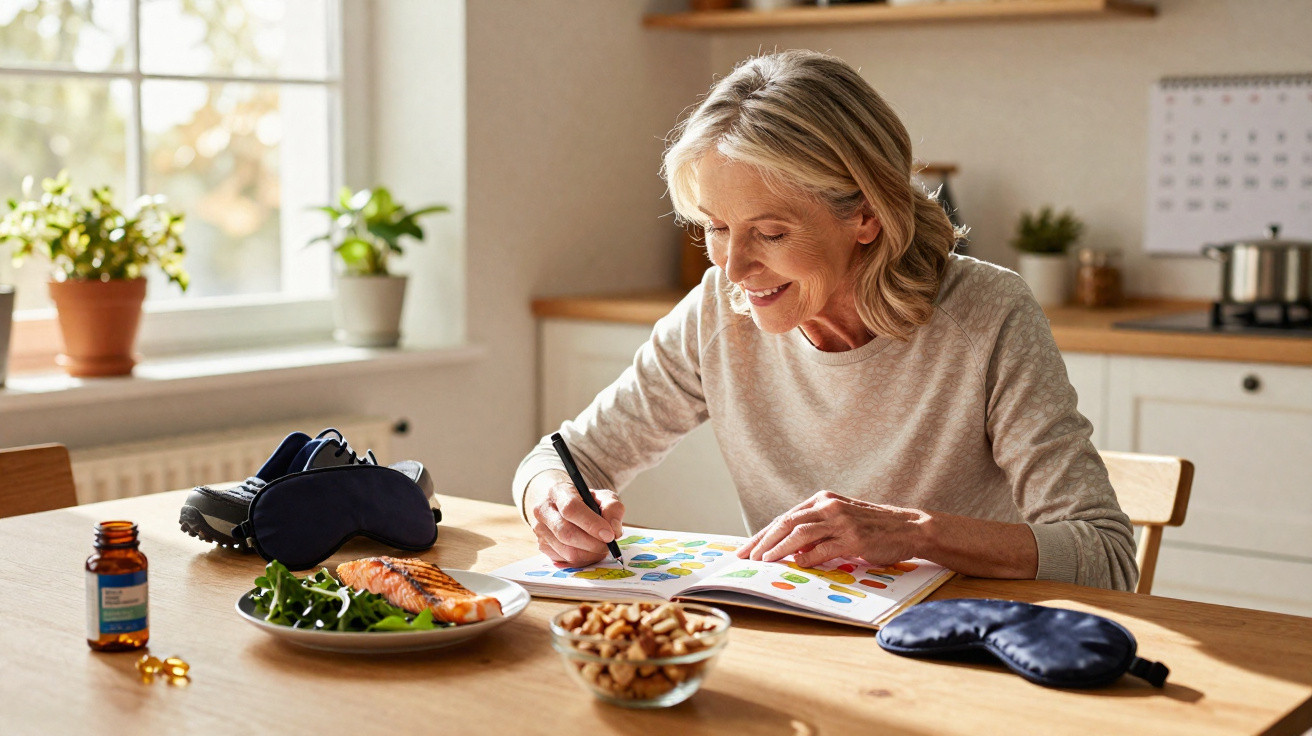 Mulher sorridente sentada à mesa, escrevendo em caderno, com comida e remédios à frente em ambiente iluminado.