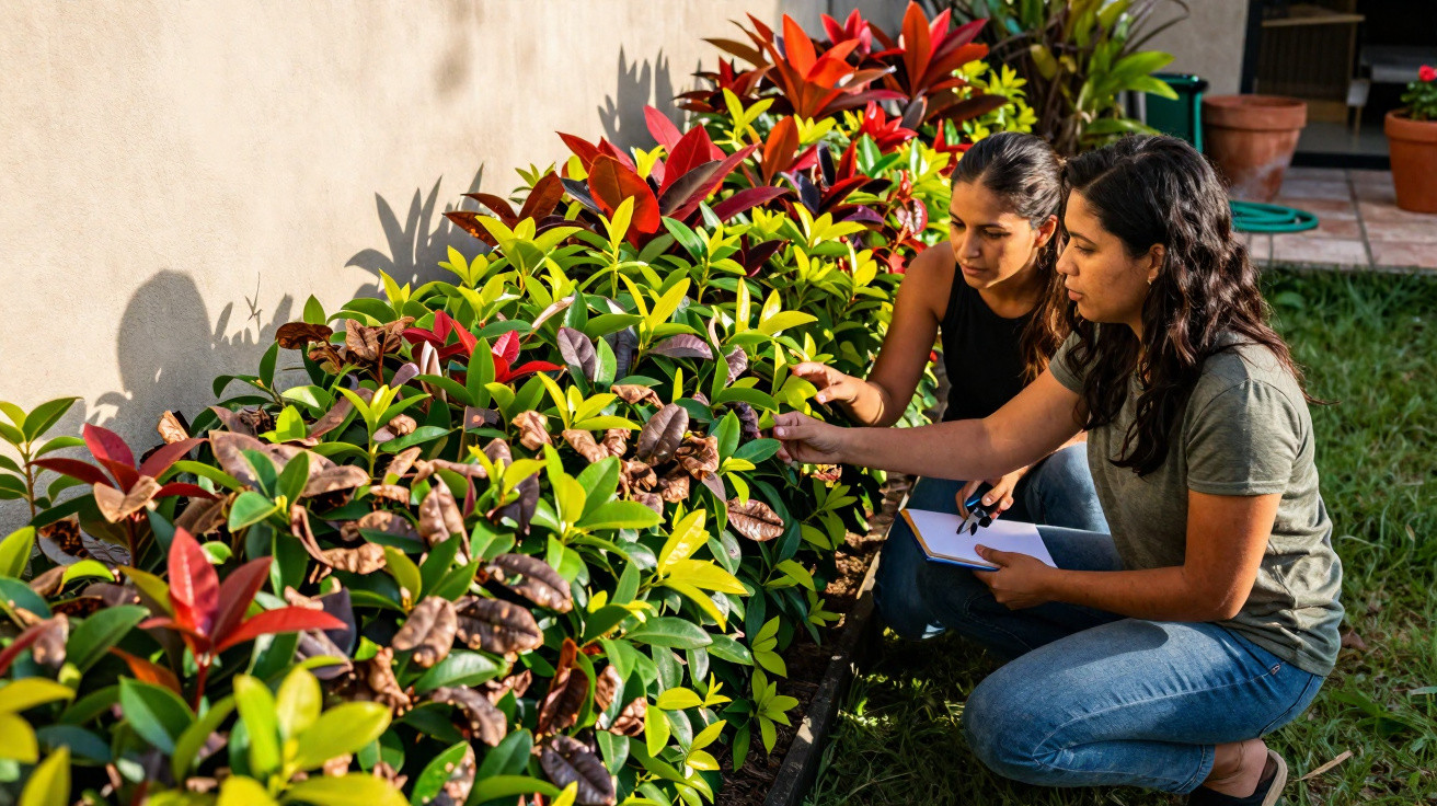 Duas mulheres examine plantas coloridas em um jardim ao ar livre durante o dia.
