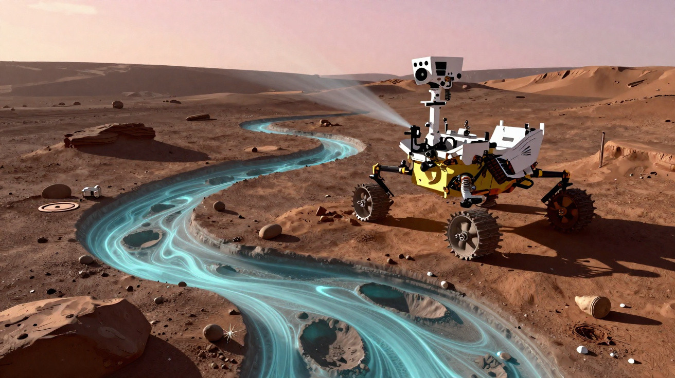Rover explorando rio de água congelada em terreno árido e rochoso de Marte ao pôr do sol.
