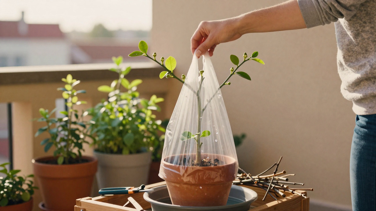 Pessoa cobrindo muda de planta com saco plástico transparente em varanda ensolarada.