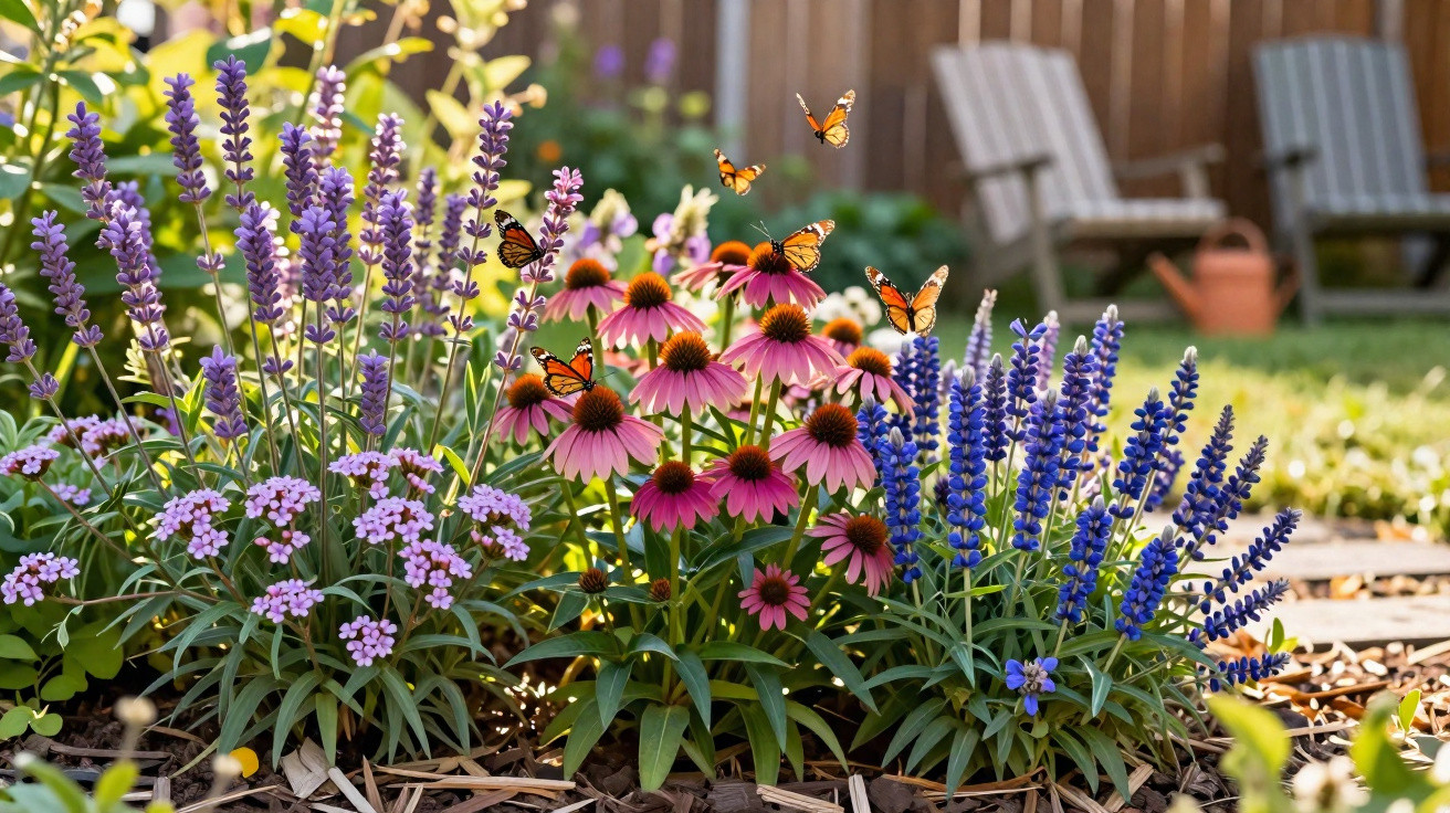 Jardim com flores roxas, lilases e pink com várias borboletas laranja voando no dia ensolarado.