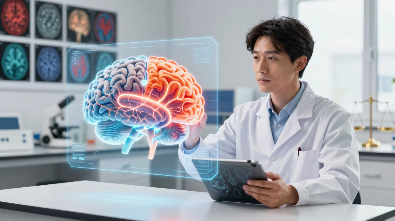 Cientista em jaleco branco analisando holograma colorido do cérebro humano em laboratório moderno.