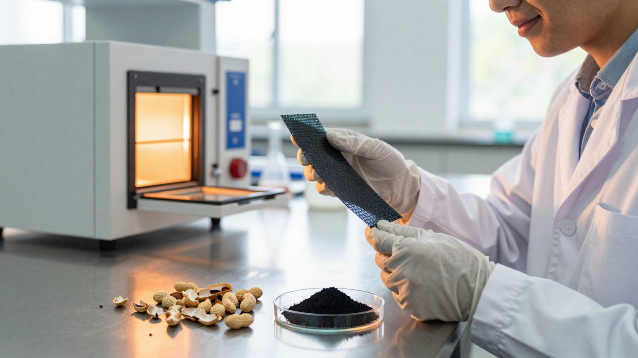 Pesquisador em laboratório analisa folha de grafeno com amendoins e pó preto sobre bancada inox.