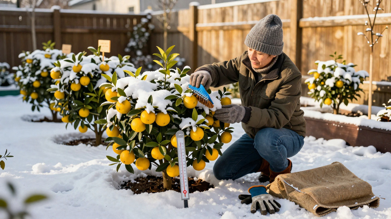 Pessoa com roupas de inverno limpando neve de pequenas árvores de laranja em jardim coberto de neve.