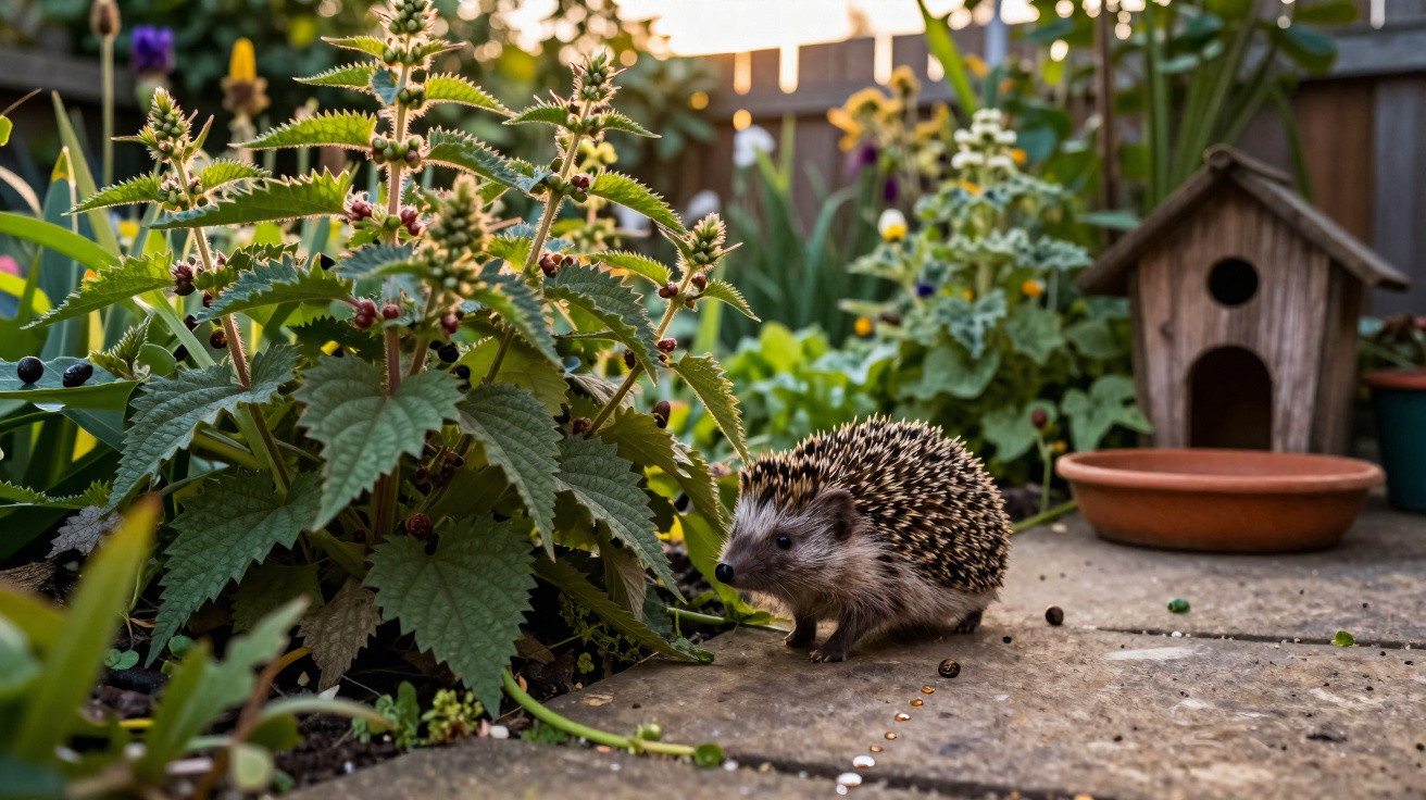 Ouriço caminhando em jardim com plantas, comedouro e casinha para animais ao fundo.