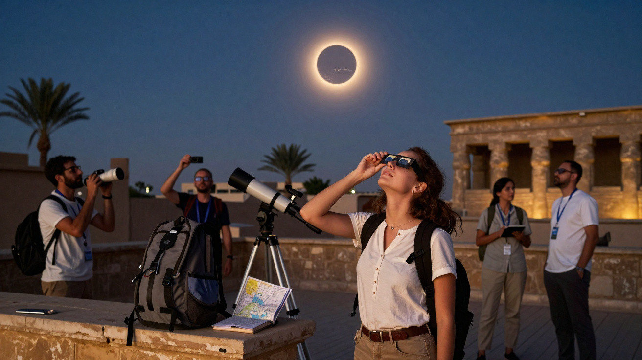 Grupo de pessoas observando eclipse solar com telescópio e óculos especiais ao entardecer.