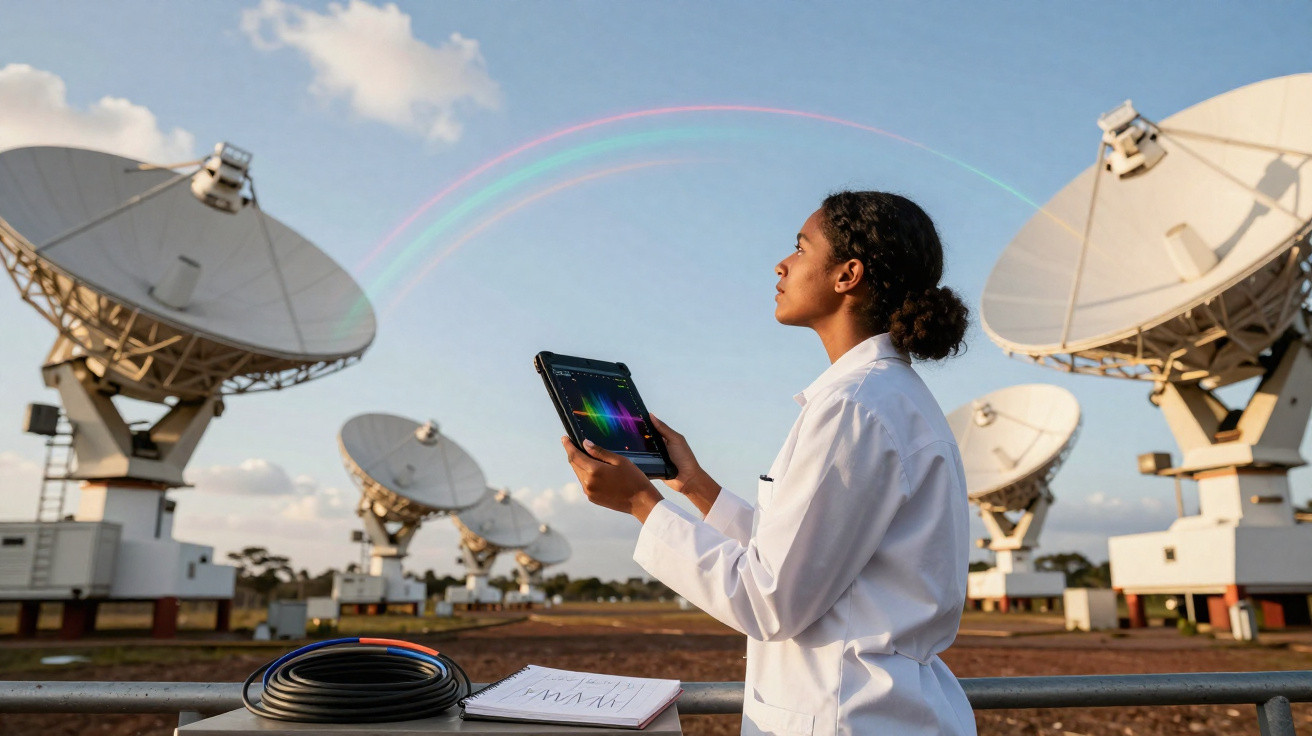 Mulher em jaleco segurando tablet em antena parabólica com arco-íris ao fundo, céu azul e nuvens.