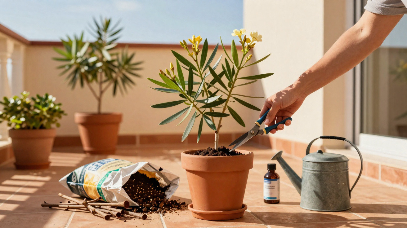 Pessoa podando planta em vaso de barro em varanda com regador, adubo e outros vasos ao fundo.