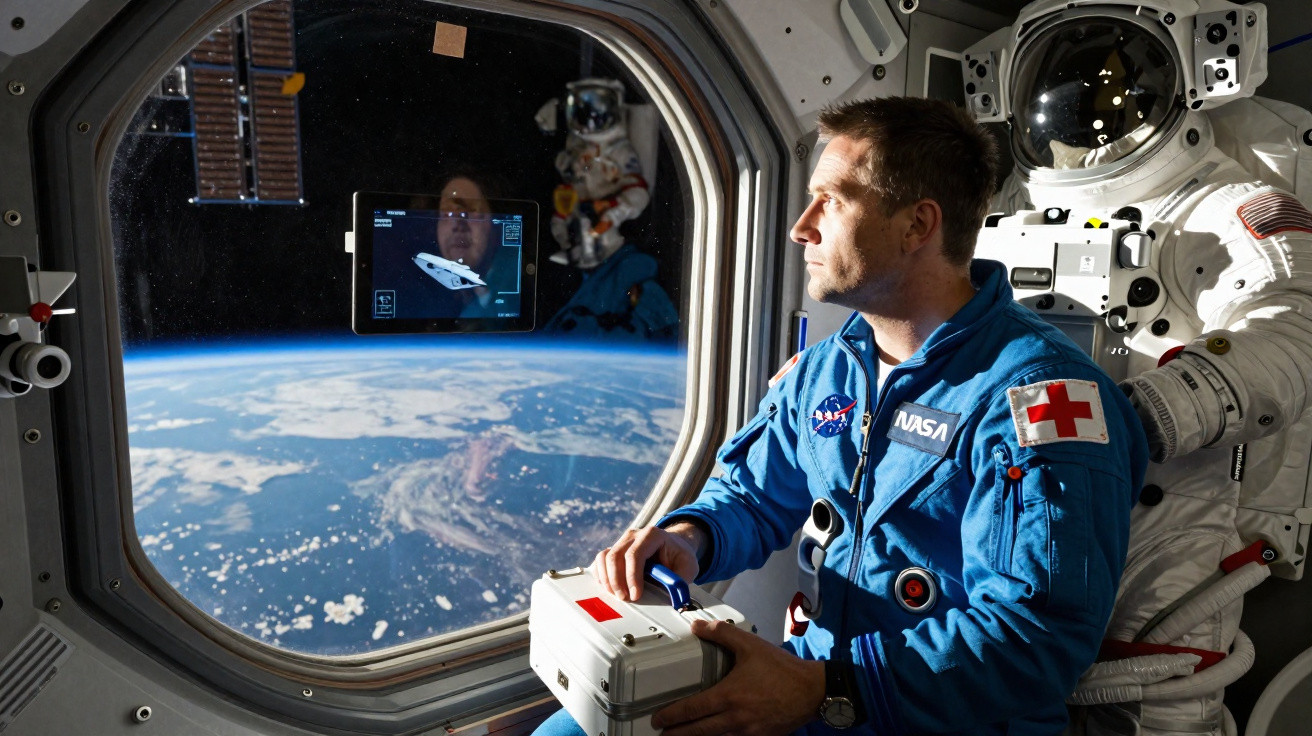Astronauta da NASA em traje azul observa a Terra pela janela da estação espacial com manequim de astronauta atrás.