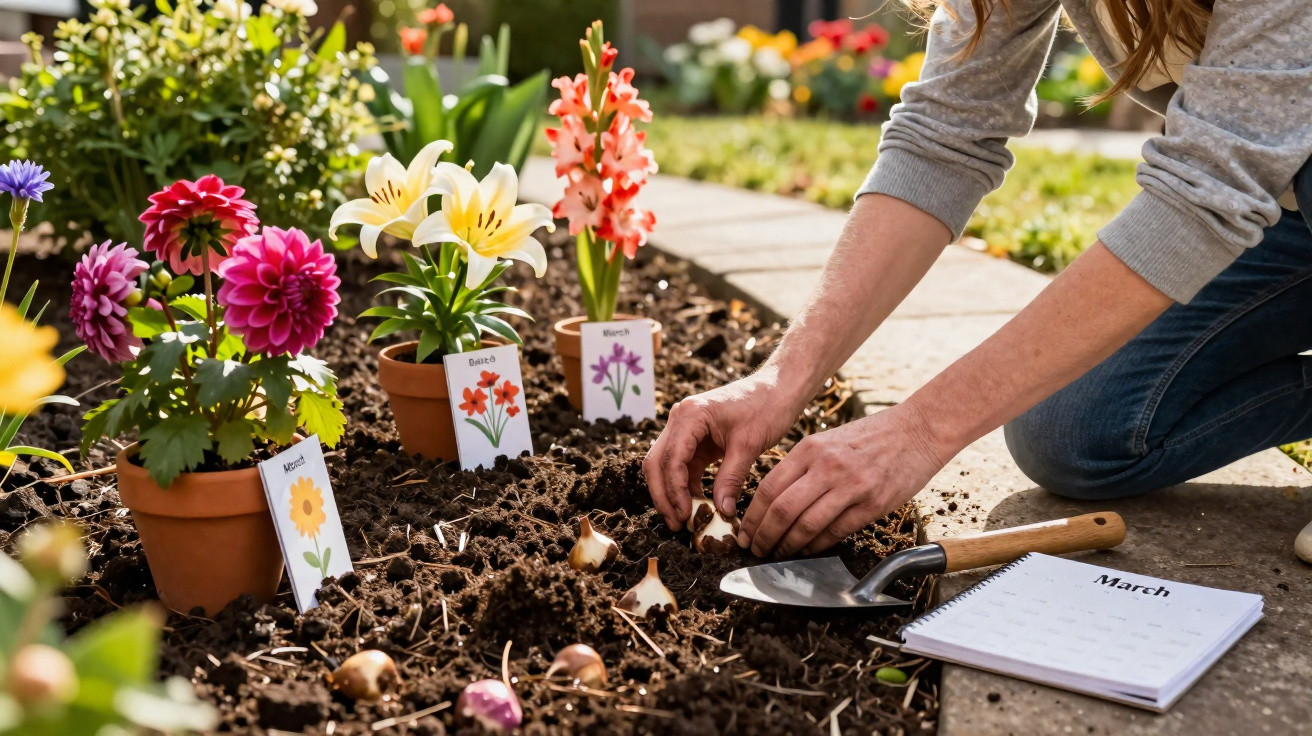 Pessoa plantando bulbos de flores em jardim com vasos e calendário de março ao lado.