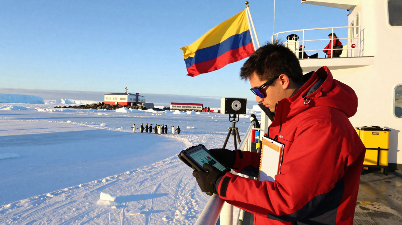 Pesquisador em jaqueta vermelha observa tablet no convés de navio na Antártica com pinguins e bandeira da Colômbia ao fundo.