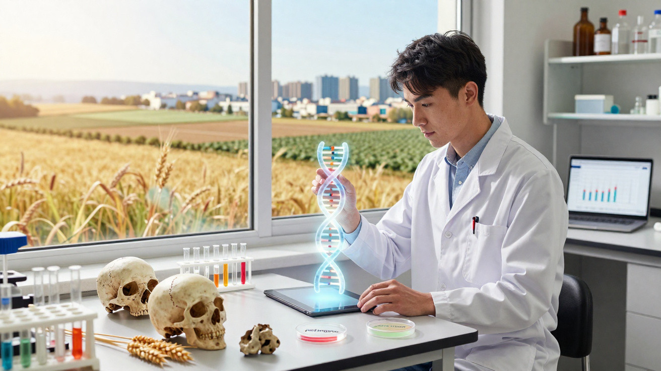 Cientista em laboratório analisando DNA holográfico com crânios e amostras ao redor.