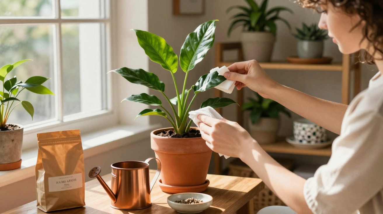 Pessoa limpando as folhas de uma planta em vaso perto da janela em ambiente interno.