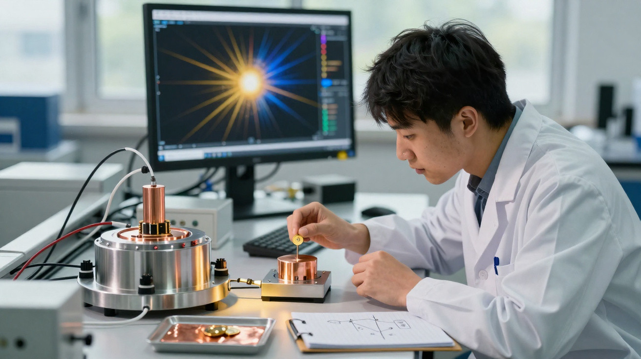 Pesquisador em jaleco branco manipula dispositivo científico em laboratório com computador ao fundo.
