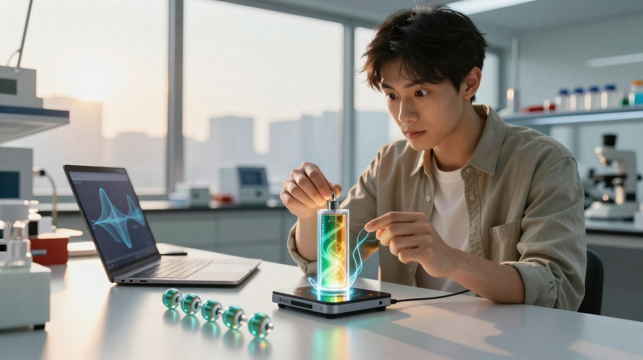 Jovem em laboratório observando bateria holográfica colorida sobre dispositivo eletrônico com laptop ao lado.