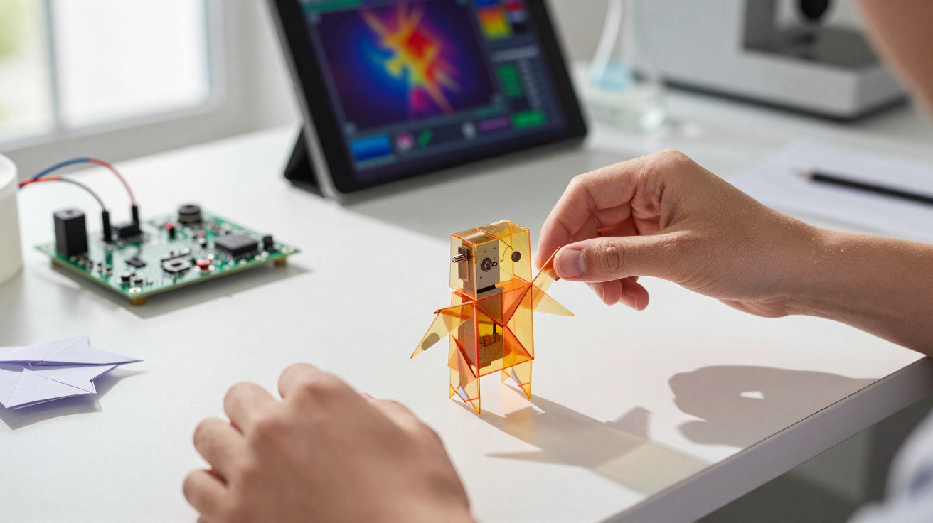 Pessoa montando um robô translúcido de plástico laranja em uma mesa com dispositivo eletrônico e tablet ao fundo.