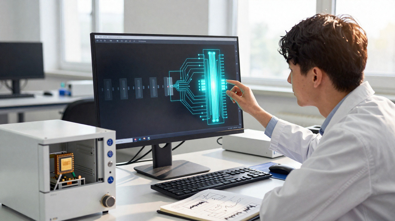 Cientista em laboratório analisando chip eletrônico exibido na tela do computador.