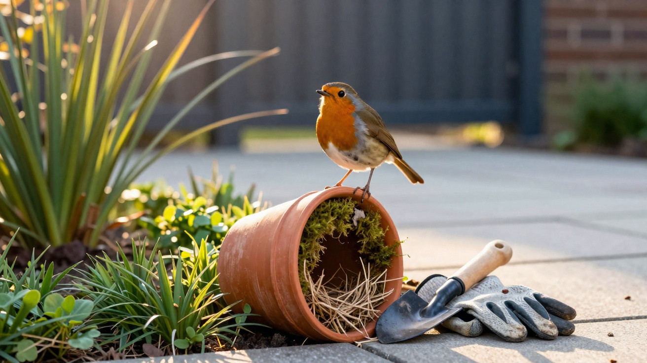 Pássaro com peito laranja pousado em vaso de planta caído ao lado de luvas e pá de jardinagem.