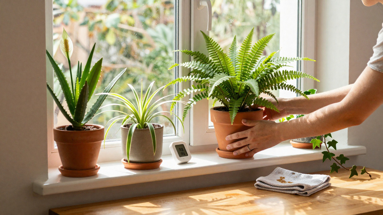 Mãos cuidando de plantas em vaso sobre parapeito de janela com termômetro e toalha ao lado.