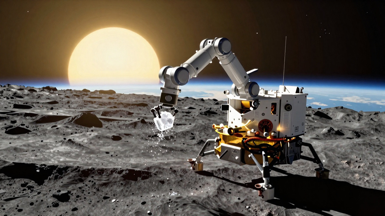 Robô explorador coletando amostra de solo na superfície da Lua com o Sol visível no horizonte.